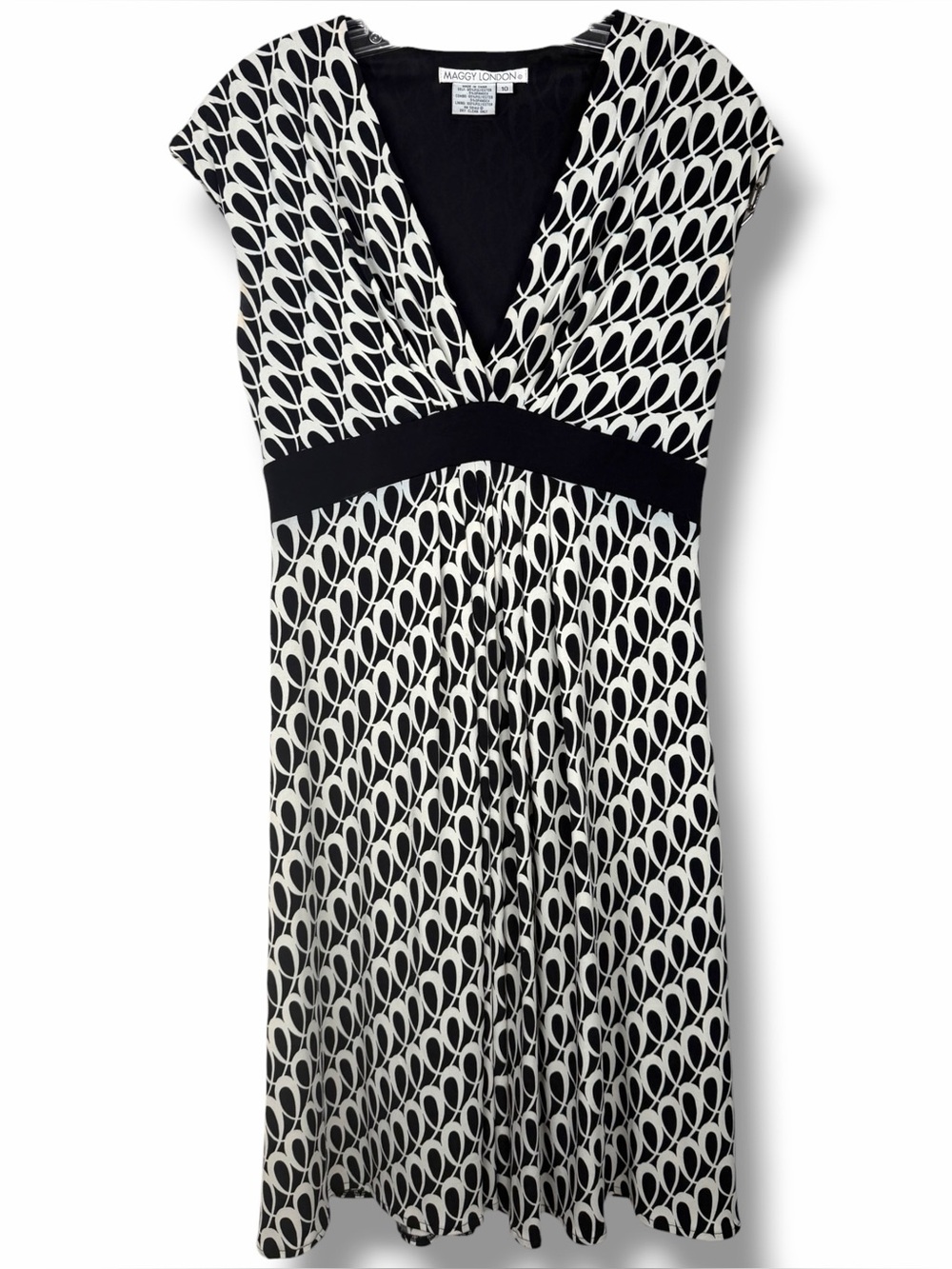 Maggy London Vintage Black White Short Sleeve V-Neck Knee Length Dress size 10